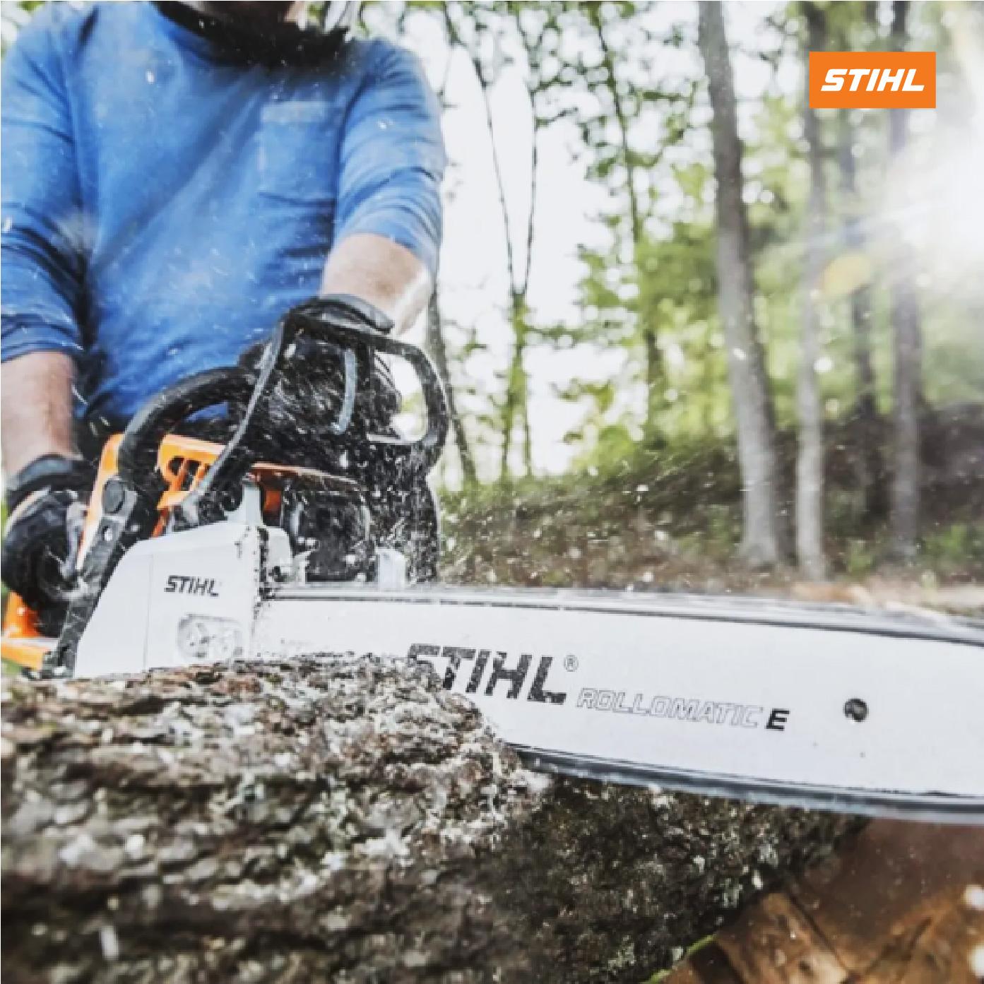 Người thợ đang sử dụng máy cưa xích STIHL MS 230 để đốn hạ cây gỗ trong rừng.